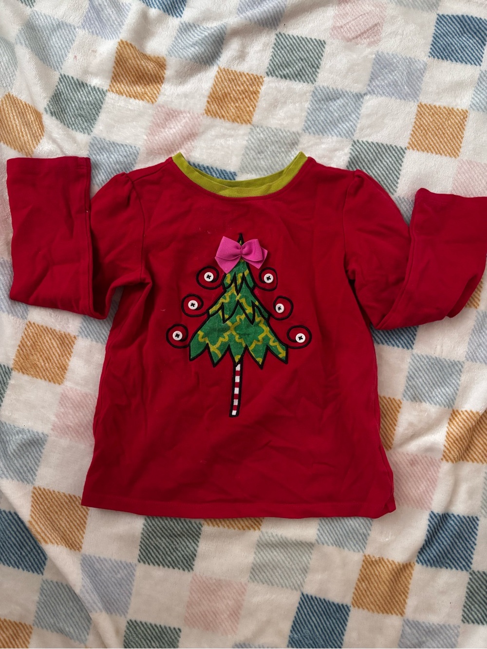 J. Khaki Red Long-Sleeve Top with Christmas Tree Applique